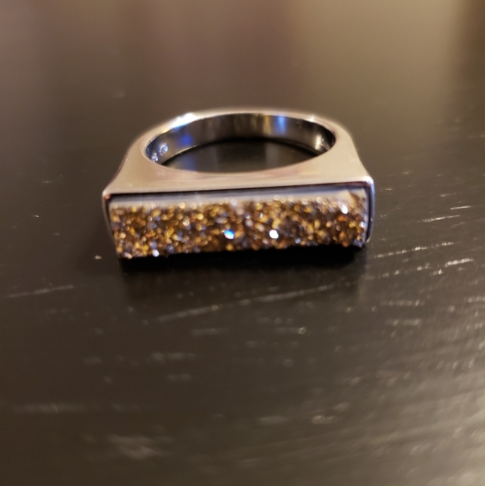 Gold Druzy Rectangular Silver Ring - image 1